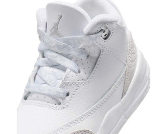 Air Jordan 3 Retro TD Pure Money vista laterale — tomaia pelle bianca argento metallico