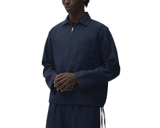 Arte Linen Quarter Zip Pullover Marine Seitenansicht — Herren-Pullover gerader Schnitt