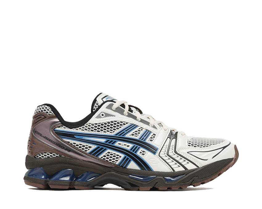 Asics Gel Kayano 14 Blue Coast vue latérale — tige mesh vintage bleu marine