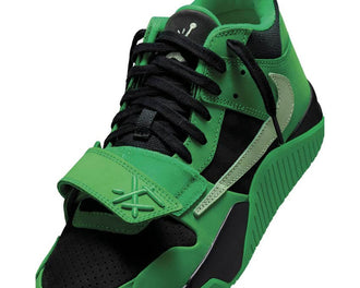Jordan CJ1 T-Rexx Travis Scott Green Spark vista laterale — design CJ1 verde scintillante