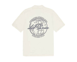 Les Deux Emmett Globe Knitted Shirt vue latérale — détail maille et motif globe
