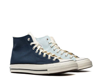 Converse Chuck 70 Hi Navy/Aqua Mist side view — two-tone navy and soft aqua blue