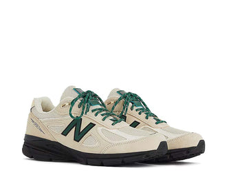 New Balance 990v4 Macadamia Made in USA vista lateral — parte superior premium ante y malla